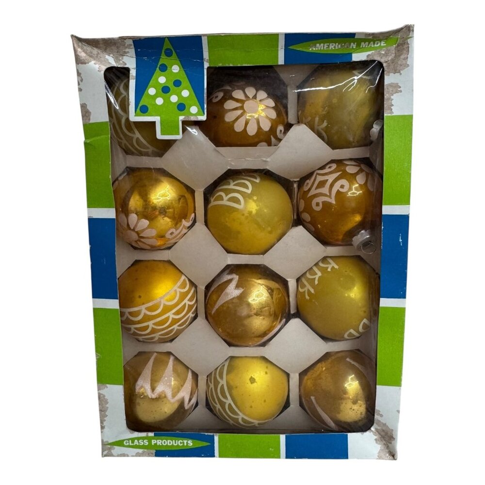 Vintage Gold Glass Christmas Ornaments Set Of 12 Coby Glass Handcrafted Glitter